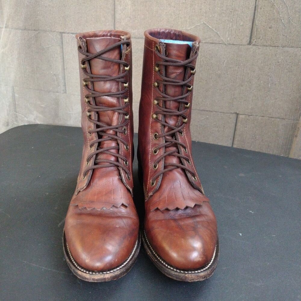 Justin Vtg Brown Marble Paddock Lace Up Roper Kiltie Leather Boots Size 6 B